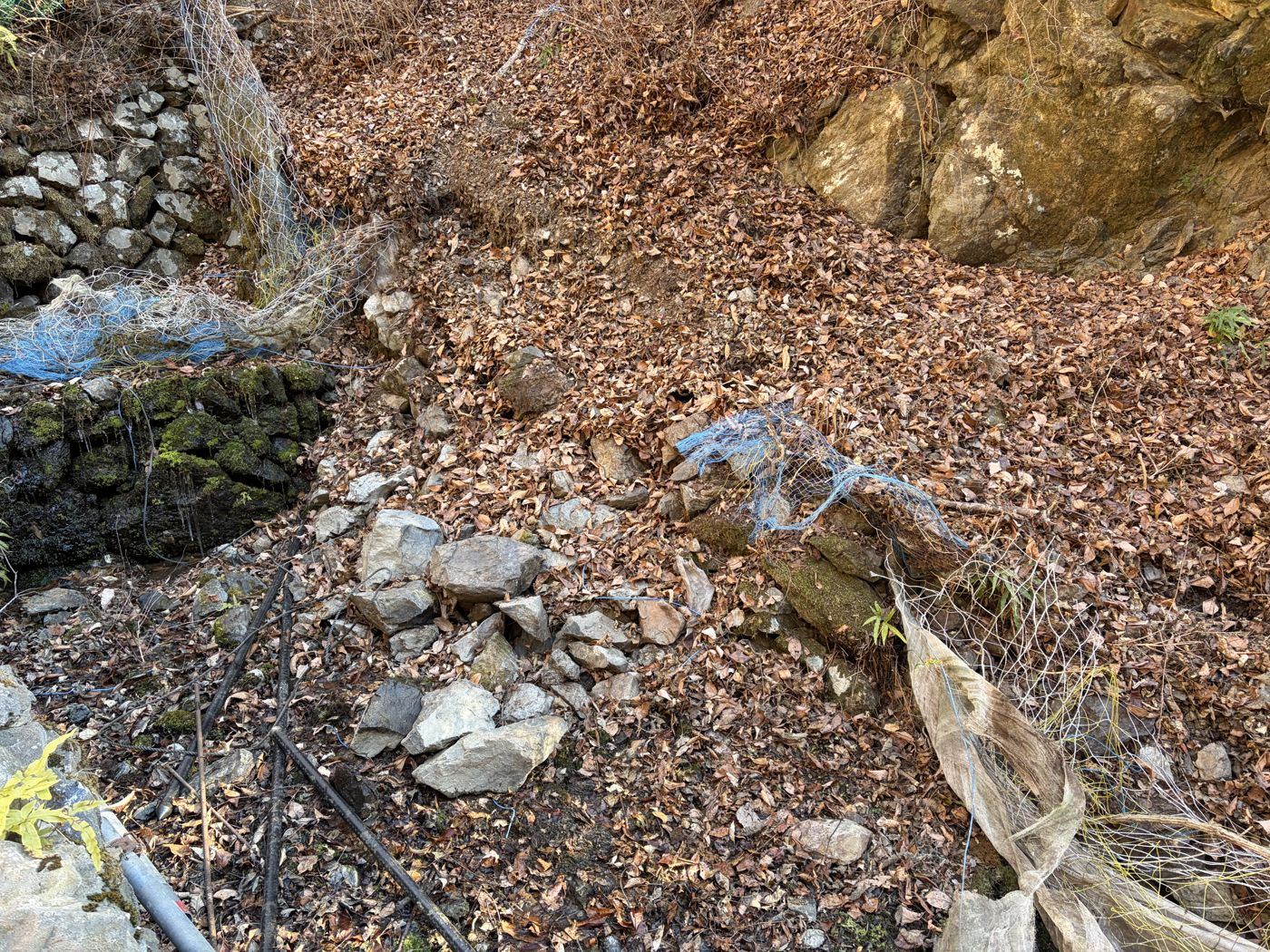 落ち葉に埋もれ、石垣が崩れた状態
